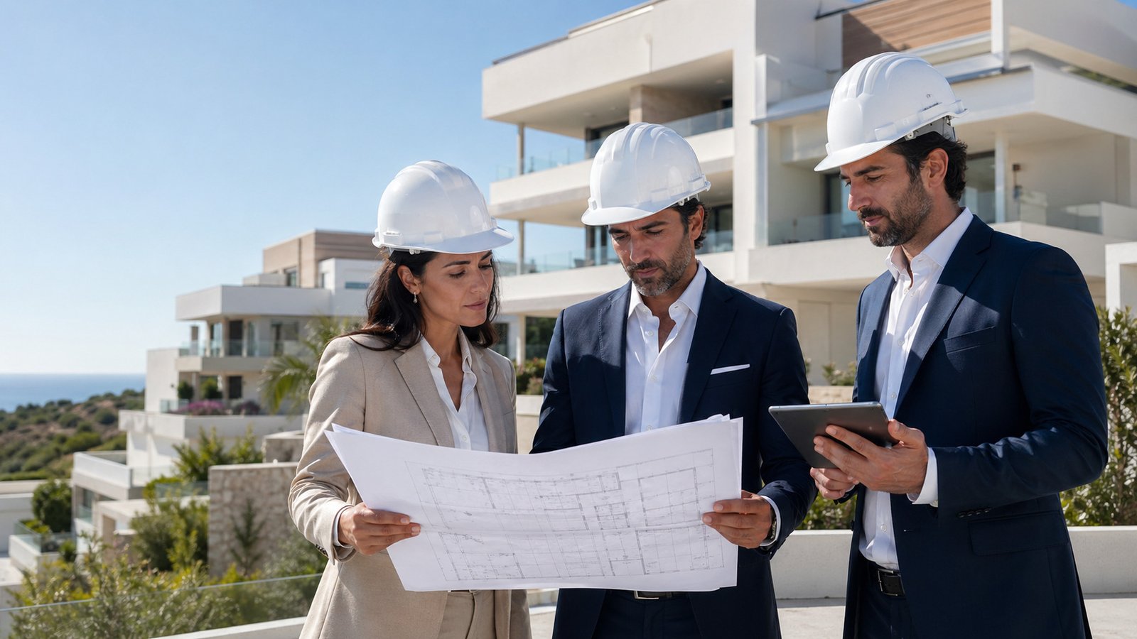 Team commerciale e tecnico al lavoro in cantiere per la vendita di un progetto residenziale